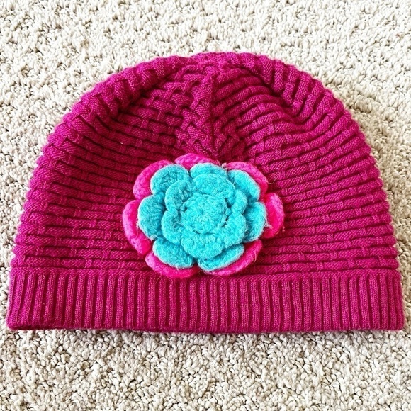 Spyder Bitsy Rosie Hat Girls Beanie OS Pink Blue Flower Knit Fleece Fall Winter - Picture 1 of 6